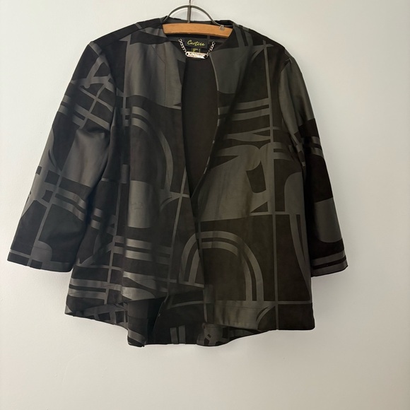 Cartise Black Geometric Print Open Front Jacket Women’s 6 Stretch 3/4 Sleeve - Picture 1 of 7